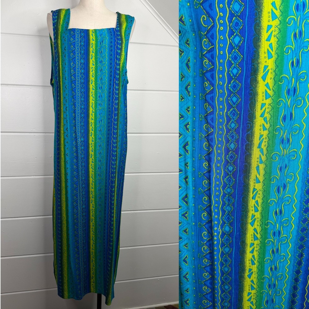 Sag Harbor 20W 100% Rayon Blue Green Dress Coastal Whimsical Eclectic